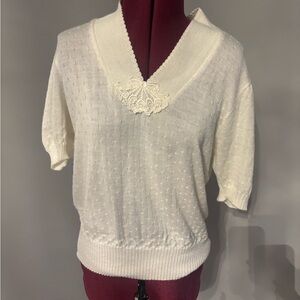 Vintage Ivory Knit Short Sleeve V-Neck Sweater with Lace Detail